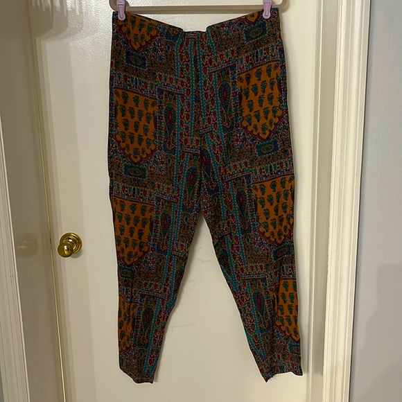RAFFERTY 90’s FUN FESTIVAL PANTS WOMENS SIZE M BROWN GREEN PULL-ON POCKETS COMFY - Picture 1 of 9
